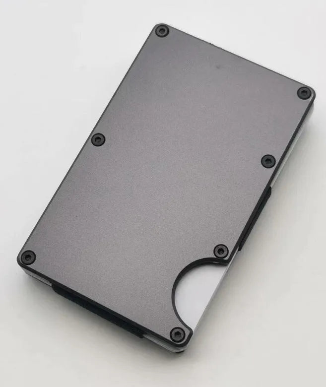Carbon fibre credit card wallet in aluminium alloy grey with RFID protection for seven cards