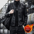 Men's black sheepskin genuine leather jacket with velvet lining, slim motorcycle fit
