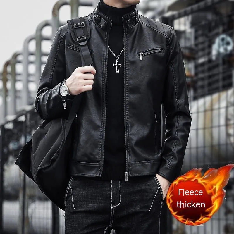 Men's black sheepskin genuine leather jacket with velvet lining, slim motorcycle fit