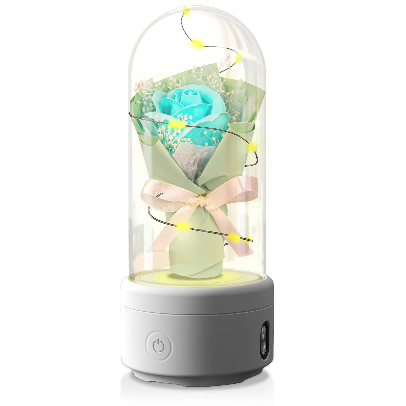 LED bouquet night light with Bluetooth speaker inside a glass cover on a black base.