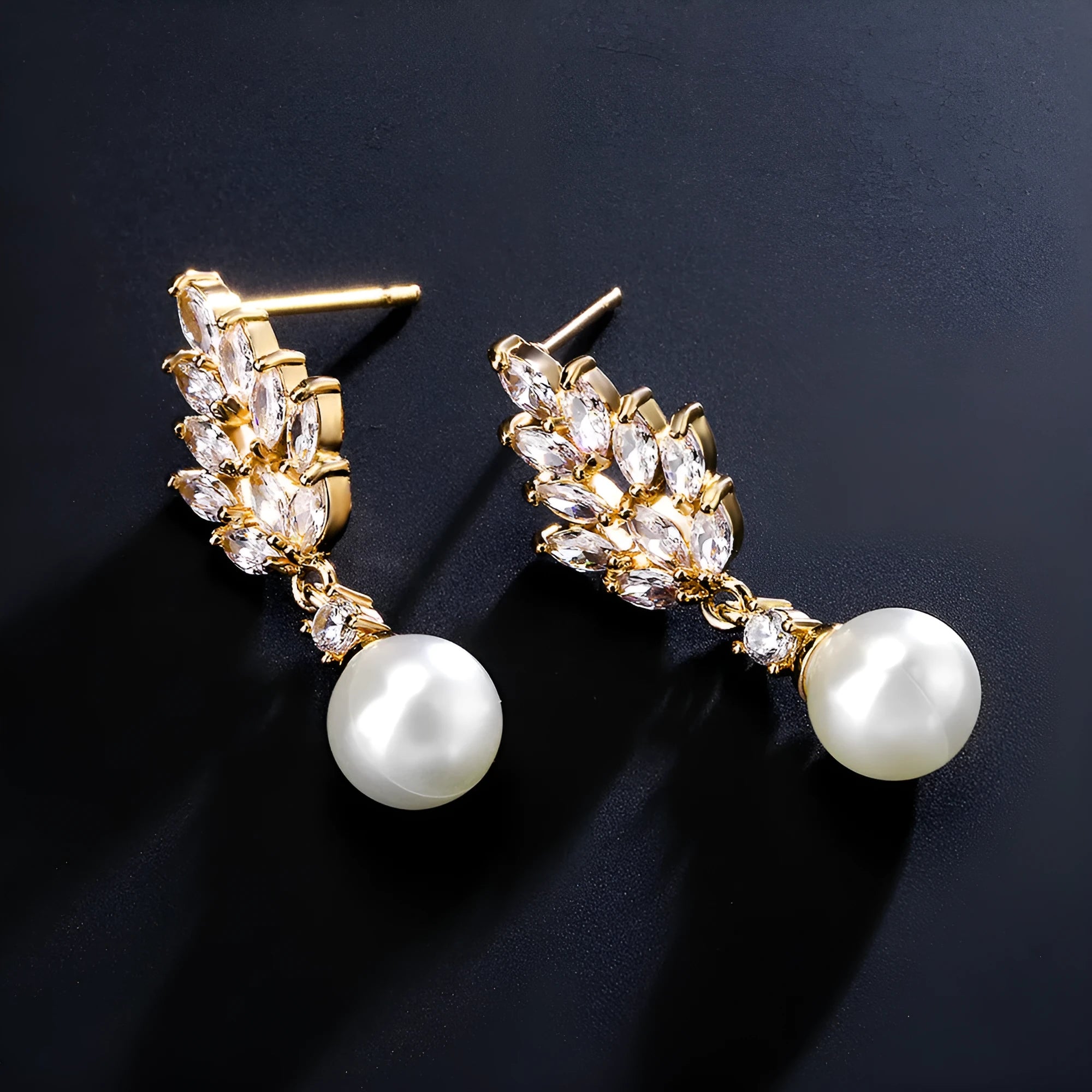 Micro inlaid zircon pearl earrings with geometric floral design in gold, platinum, or rose gold plating.