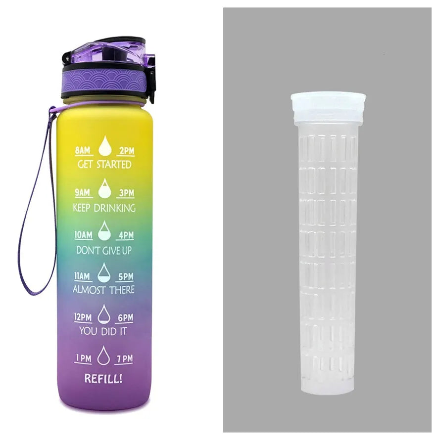 Blue and red gradient 1 litre Tritan sports water bottle with time markers and flip-top lid