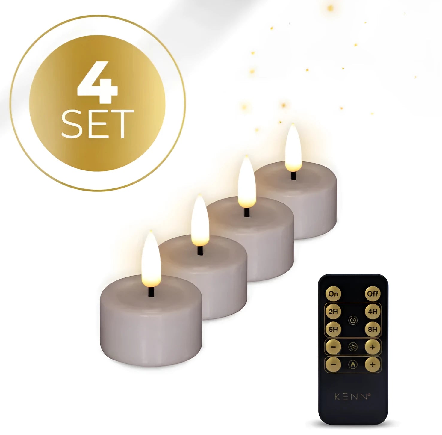 Four taupe-coloured LED tealight candles with a flickering flame effect on a surface.