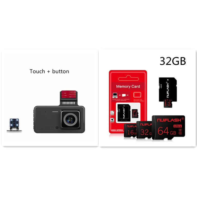 4-inch touchscreen adhesive dashcam with dual lens mounted on car windscreen