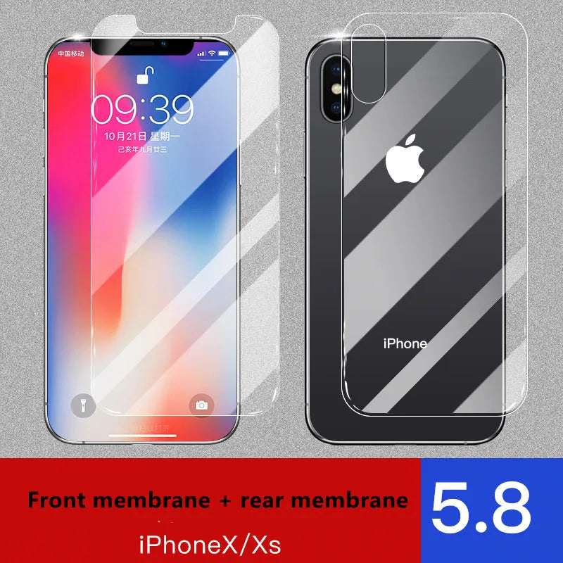 iPhone tempered glass screen protector set showing front and rear films for 11, X, and XR models.