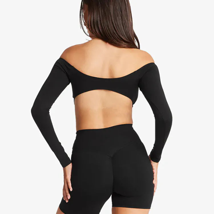Off-shoulder yoga top with chest pad, slim fit, in black, for women fitness sports
