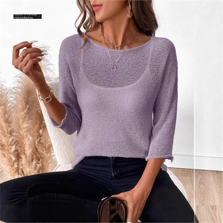 Women's thin knitted off-shoulder overall jumper in polyester fabric with 3/4 sleeves