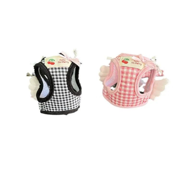 Pink and black cotton chest-back harness lead for small dogs on a white background.