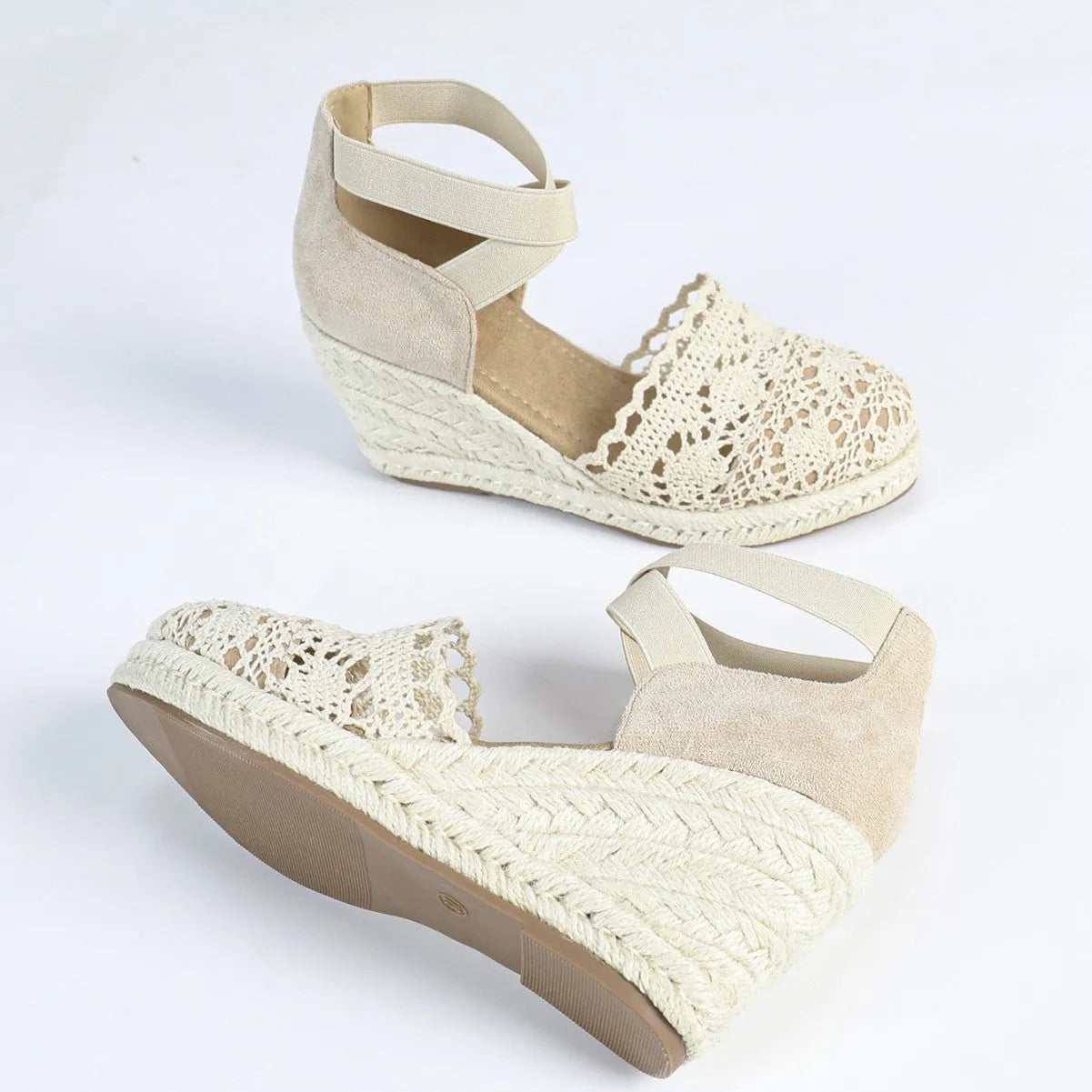 Women's apricot and black canvas Roman style wedge sandals with round toe