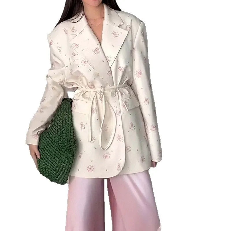 Women's white polyester suit jacket with collar lace-up waist detail and long sleeves