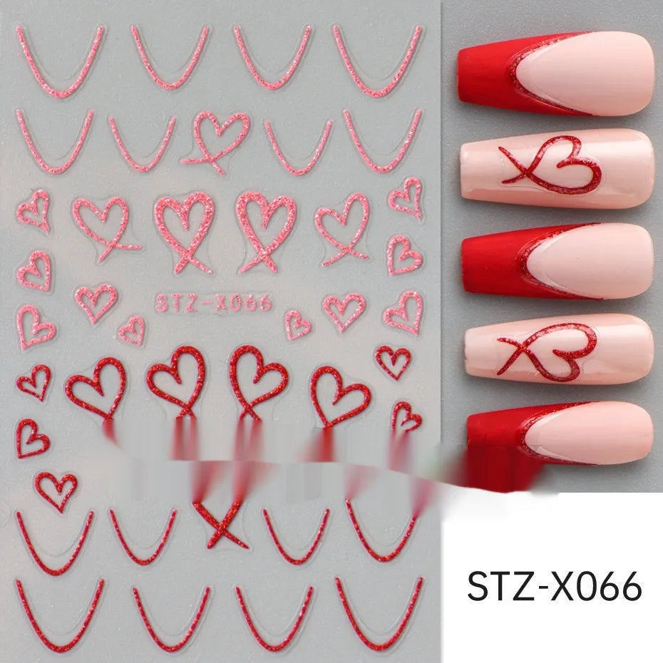 Cartoon nail art stickers sheet with black and silver love heart designs