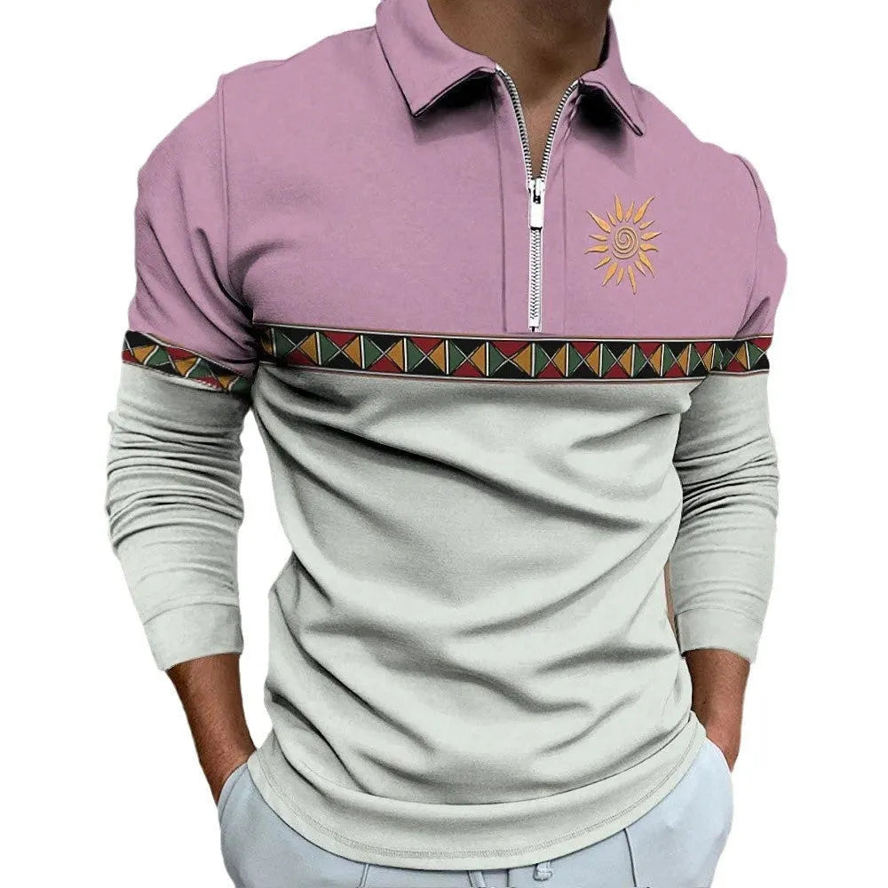 Men's retro striped polo shirt with zip decoration in loose fit for golf