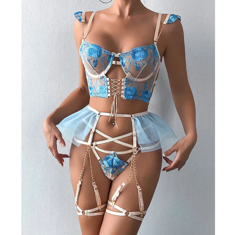 Light blue transparent lace women's push-up bra and pants set on a mannequin