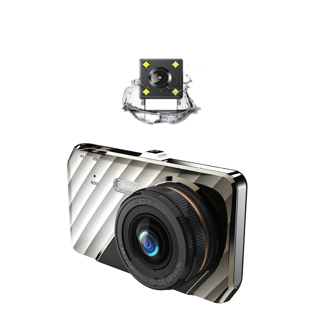 Black 4-inch dual lens dash cam showing front and rear camera configuration with touch screen display