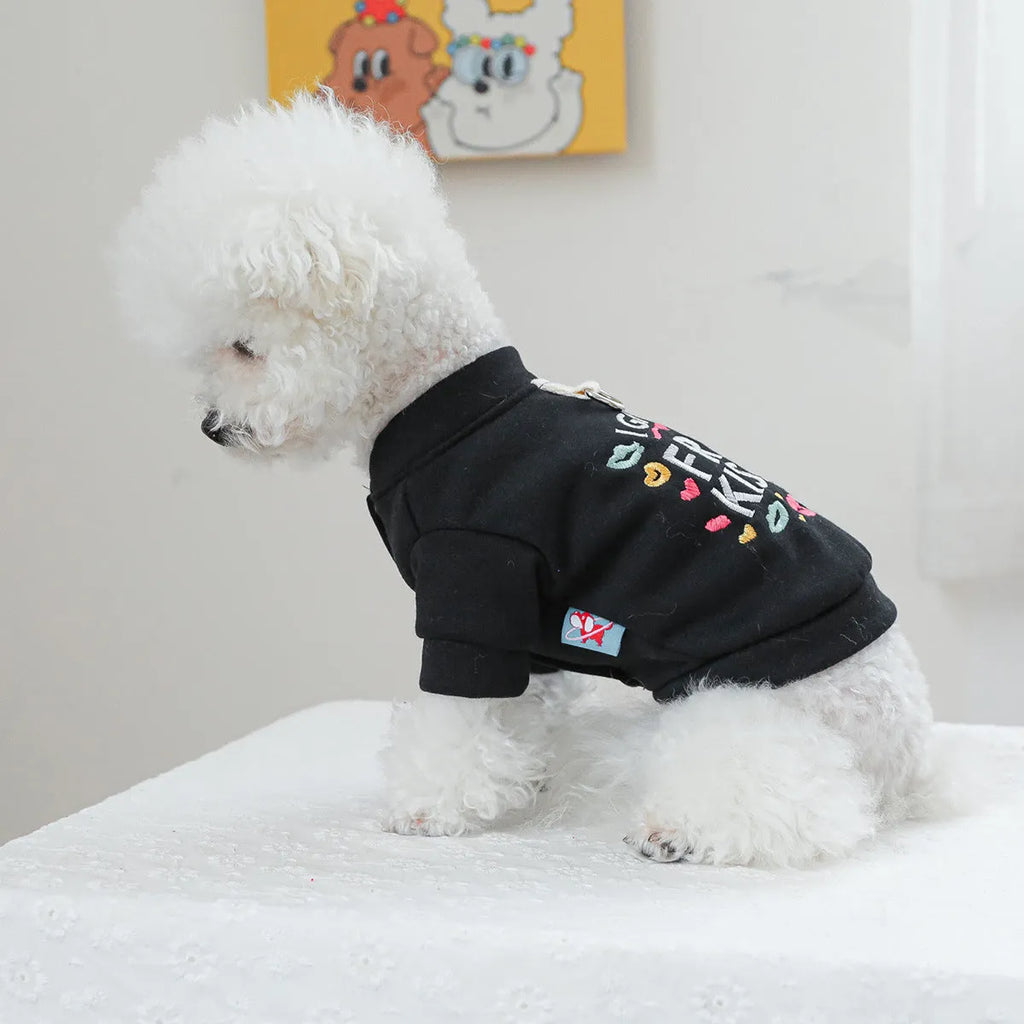 Casual knitted dog jumper in kiss sweater pattern on a model, showing sizing from XS to XL for small to large dogs.