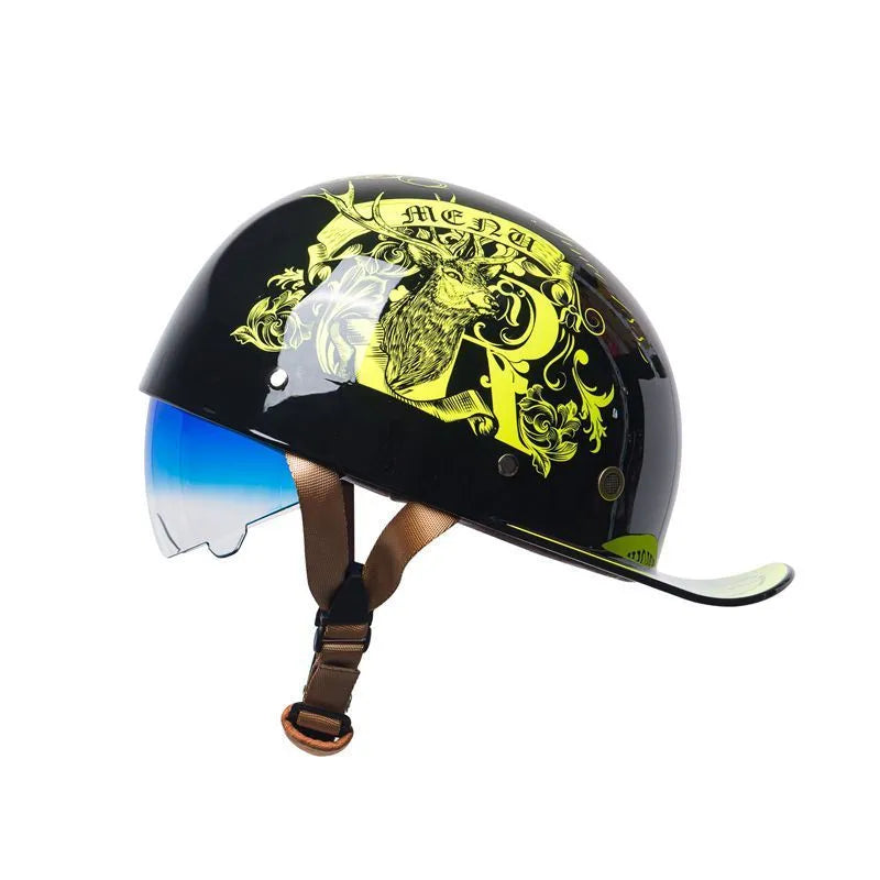 Retro black and gradient blue half helmet for electric bicycles with a blue lens.