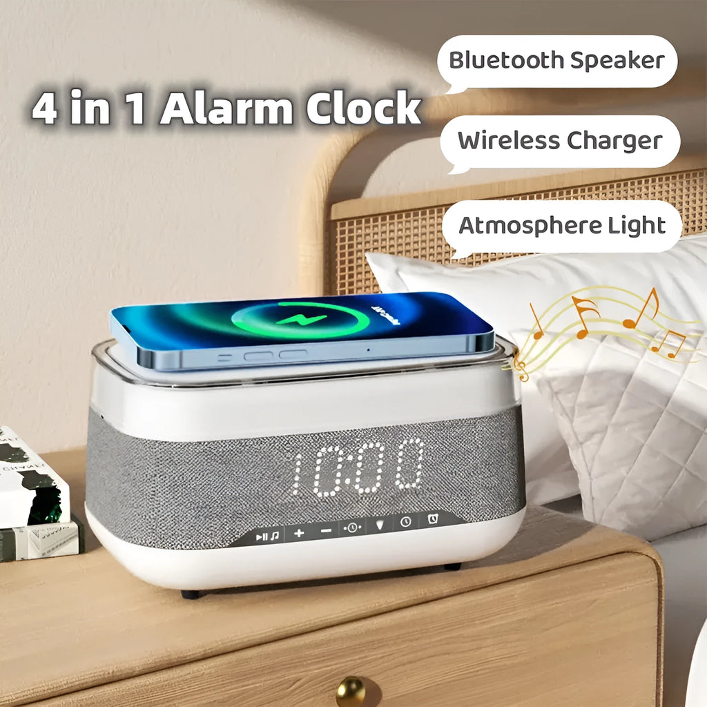 White alarm clock with wireless charging surface and Bluetooth speaker functionality for bedside use