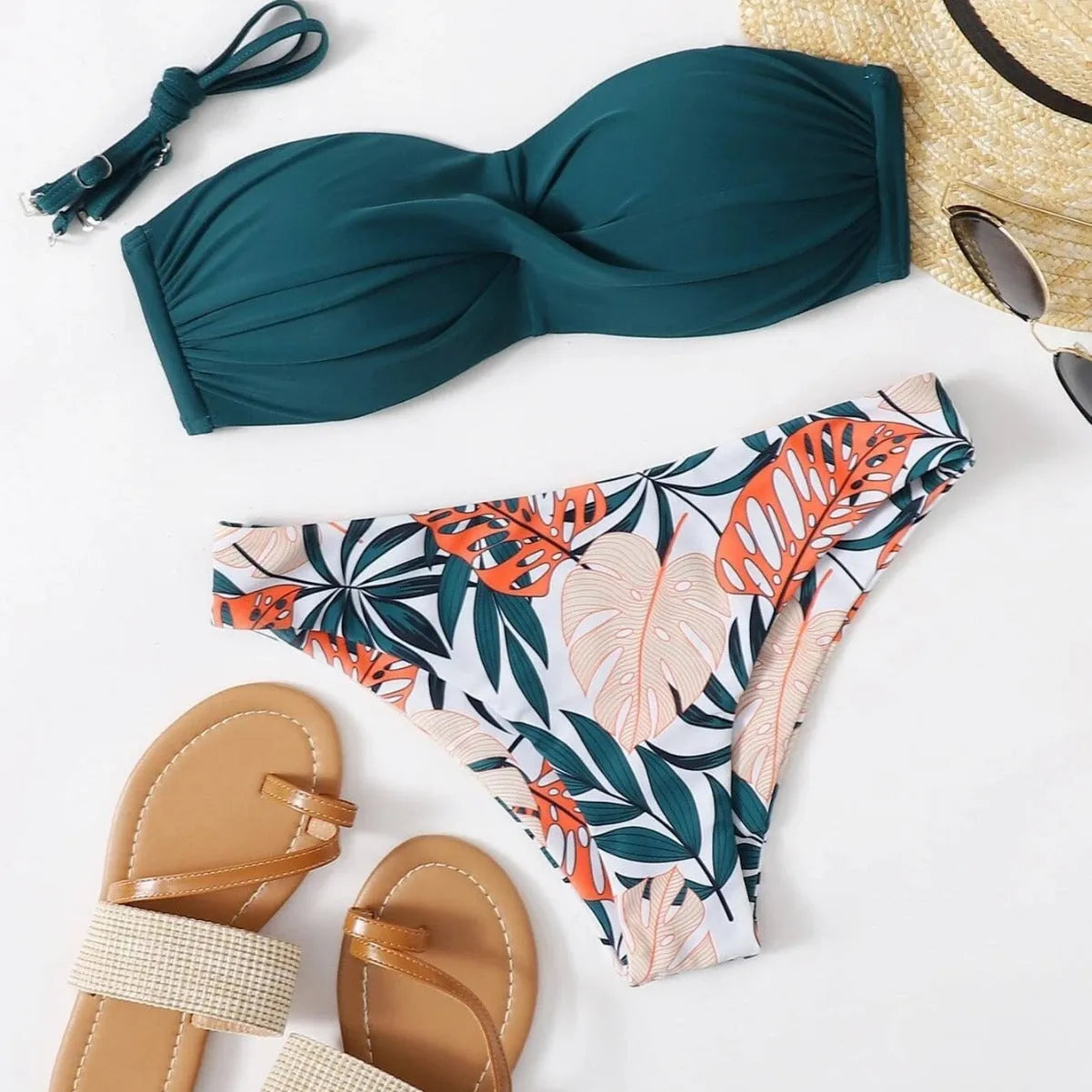 Women's fluorescent green push up bikini set with hard cup top and matching split brief bottoms