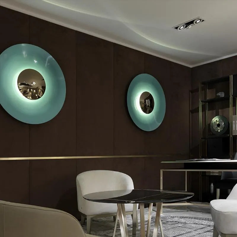 UFO-shaped iron wall lamp in blue, available in multiple sizes with integrated LED light.