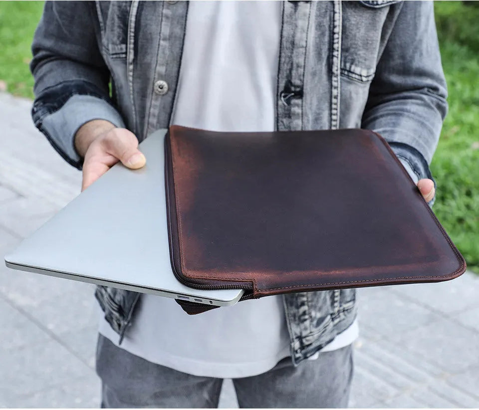 Brown Crazy Horse leather zipper computer bag for MacBook Pro 15.4 inch