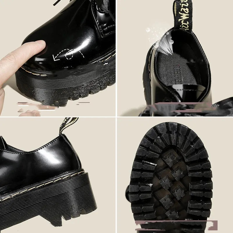 Women's black leather flat shoes with thick soles, cross straps, ribbons, and laced closure.