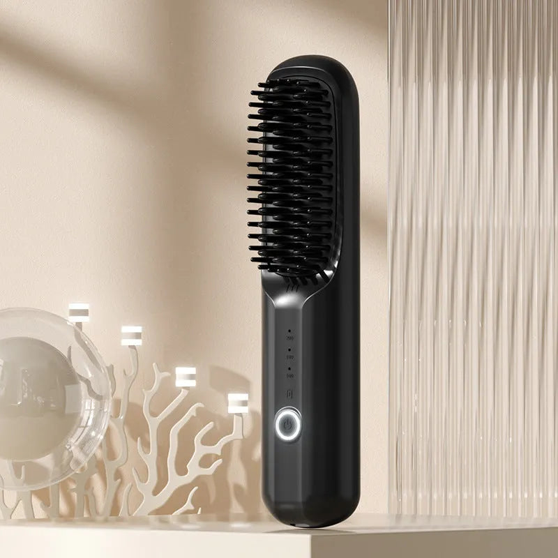 Wireless anion straightening comb in beige, pink, purple, or black colours with Type-C charging port.