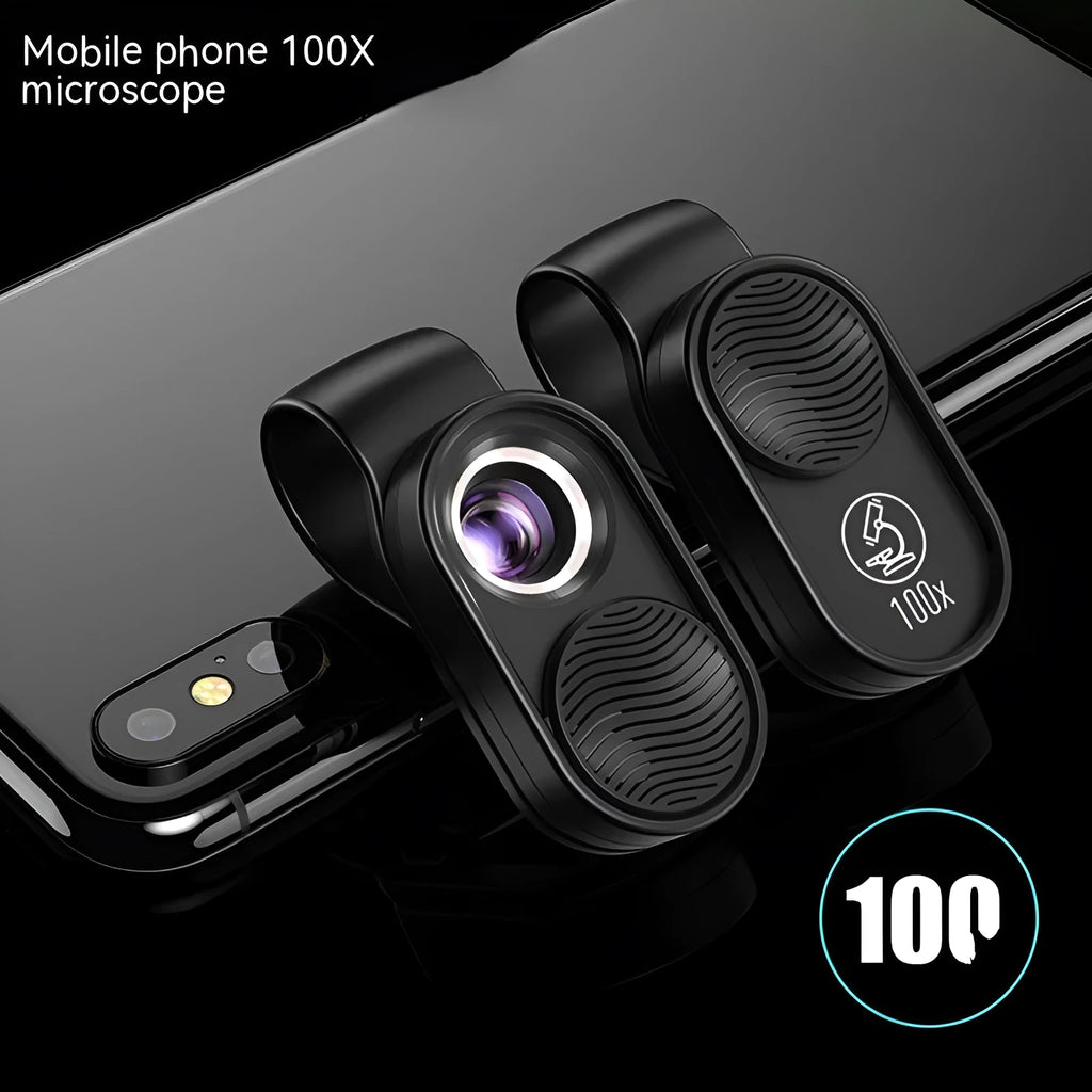 Black mobile magnification microscope with LED light clamped onto a smartphone showing 100x close-up view