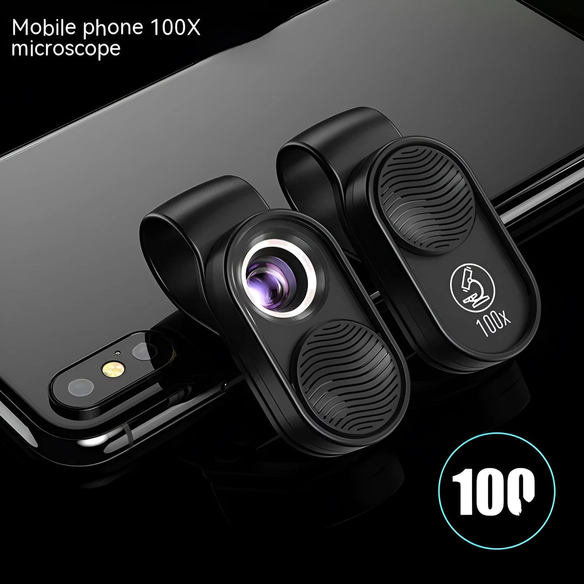 Black mobile magnification microscope with LED light clamped onto a smartphone showing 100x close-up view