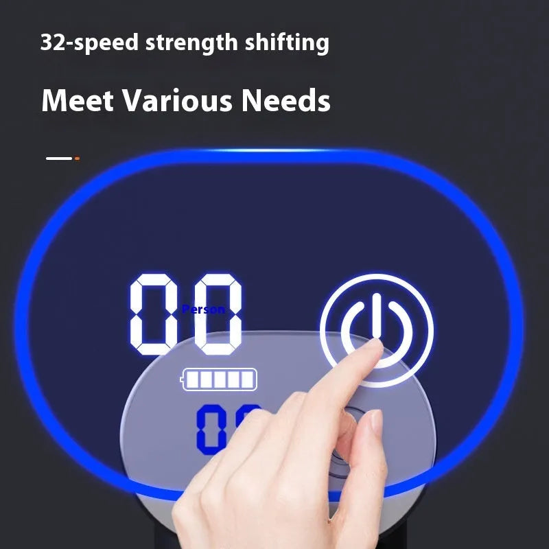 Long handle multi-form electric massage gun in black with LED screen and folding design
