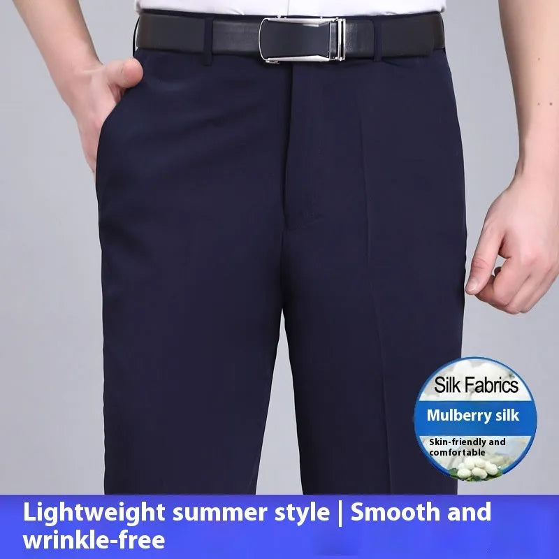 Men's straight-leg suit trousers in mulberry silk fabric on a hanger