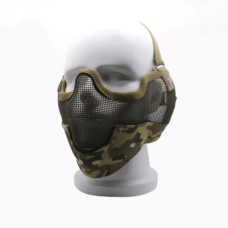 Carbon steel mesh protective face mask with head strap in camouflage pattern.