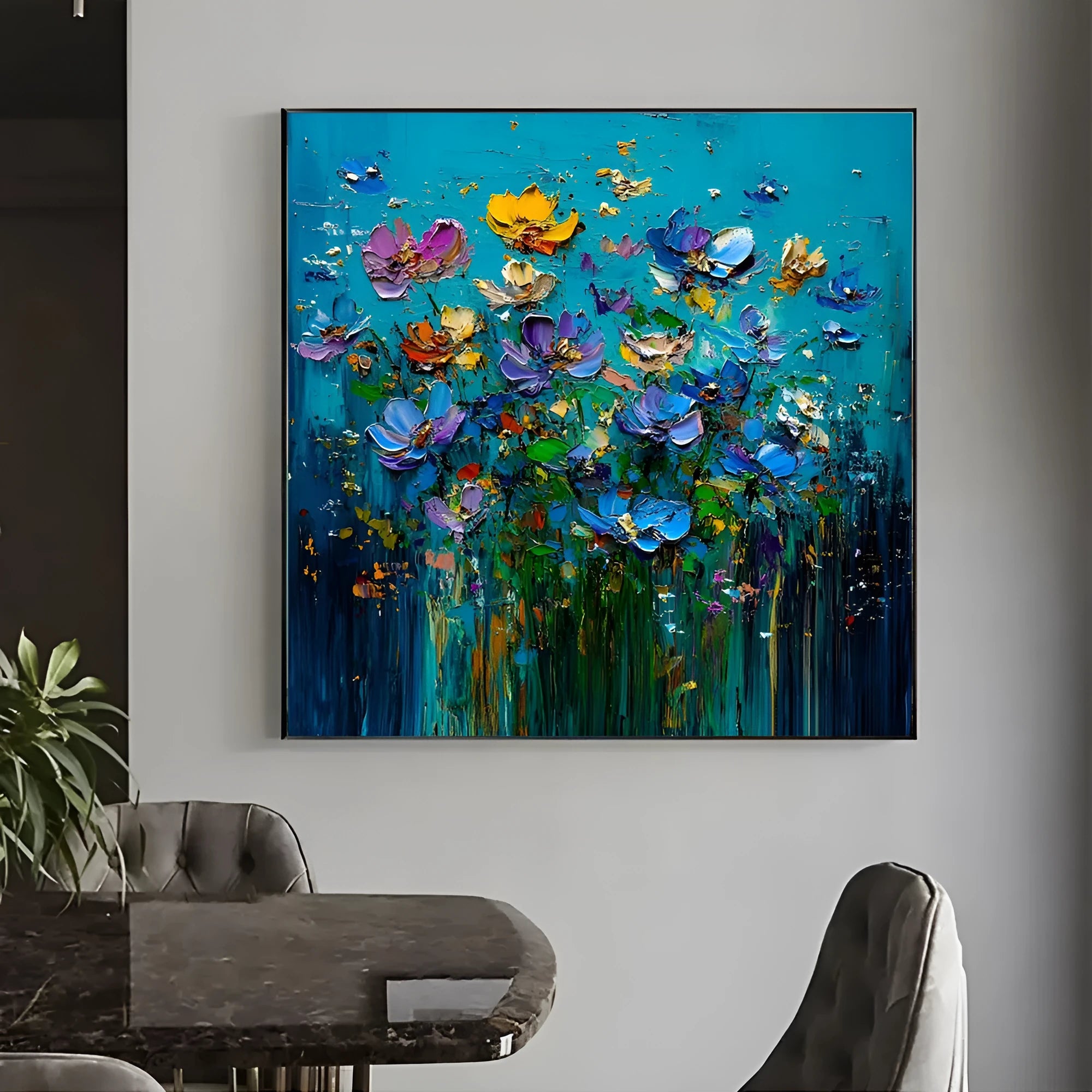 Hand-painted modern floral knife flower oil painting on square canvas without frame, textured 3D design, 100cm size
