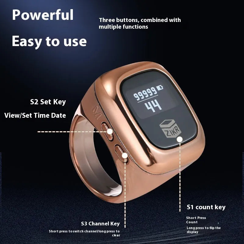 Al-Fatiha Zikr electronic counter with digital display on wrist, shown in Black, Space Gray, and Rose Gold colour options.