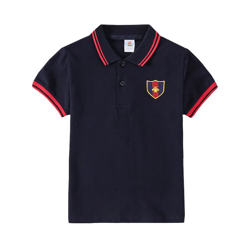 Boys short sleeve cotton t-shirt in Korean style with lapel collar, available in four solid colours