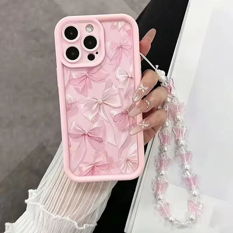 Pink matte bow silicone phone case with Tianyan Ladder J124-P1 pattern for Apple iPhone