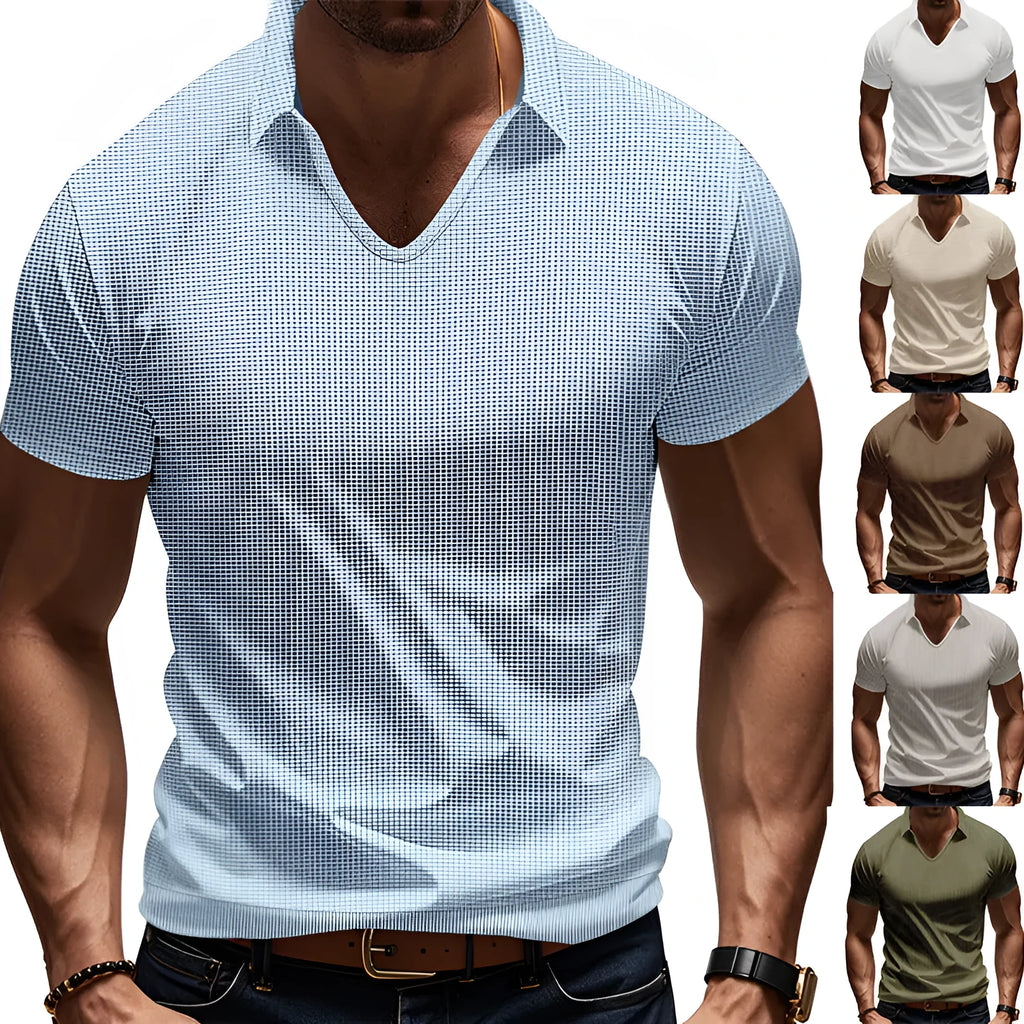 Men's loose fit V-neck short sleeve T-shirt in cotton blend fabric shown in solid colour options