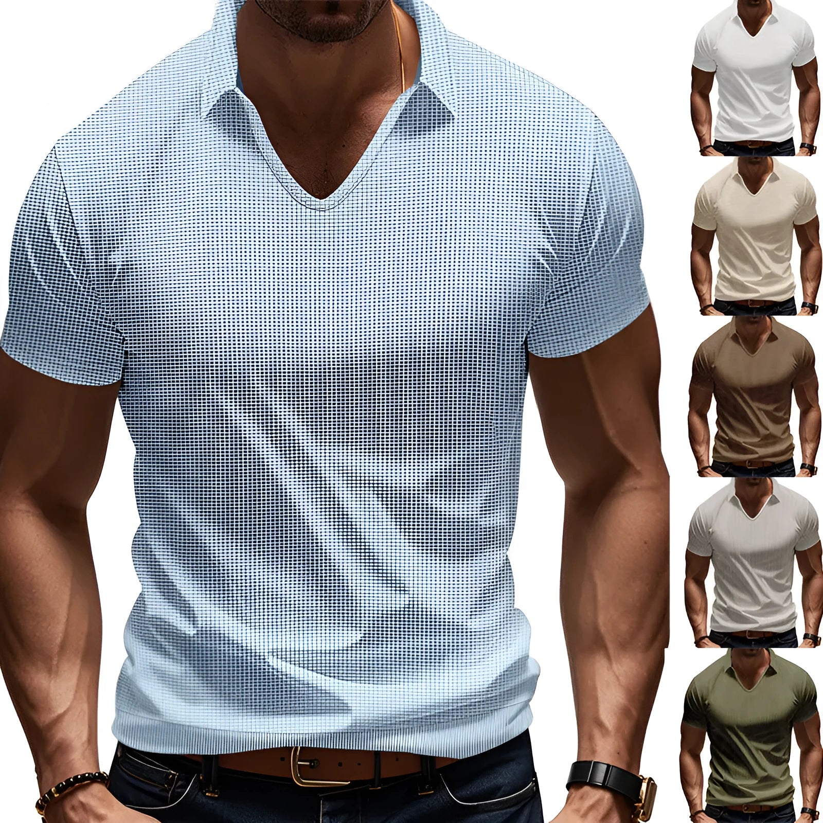Men's loose fit V-neck short sleeve T-shirt in cotton blend fabric shown in solid colour options