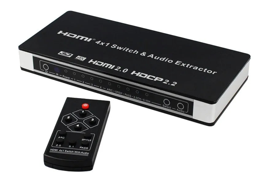 Black HDMI video switch with four input ports, remote control, and 10-metre cable for audio-visual setups