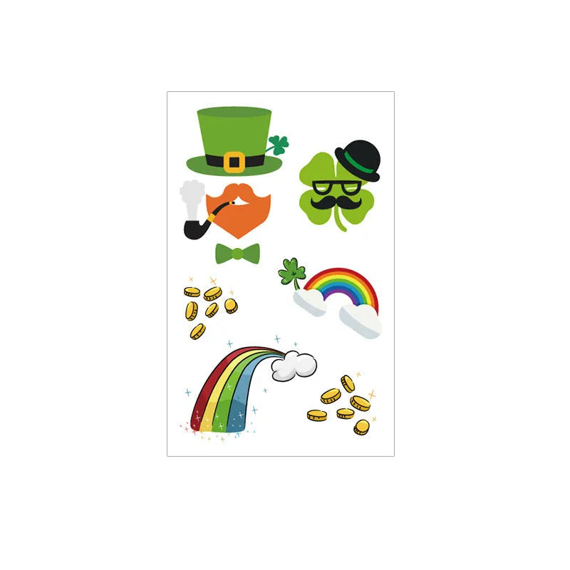Sheet of temporary Irish flag and clover tattoo stickers for St. Patrick's Day, size 120mm by 75mm.