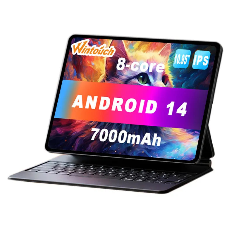 10-inch bare metal tablet PC with attached keyboard leather case in blue or grey.