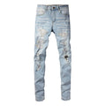 Light blue slim fit stretch men's jeans with distressed details and diamond patch pocket