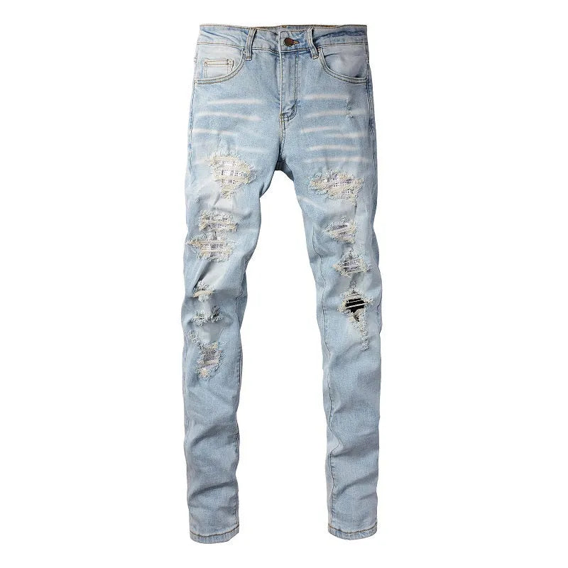 Light blue slim fit stretch men's jeans with distressed details and diamond patch pocket