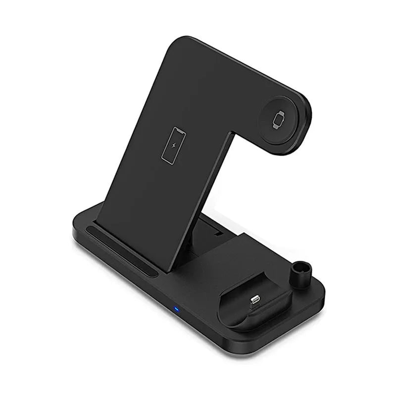 Black four-in-one wireless charging pad for mobile phones with included QC3.0 charging head.