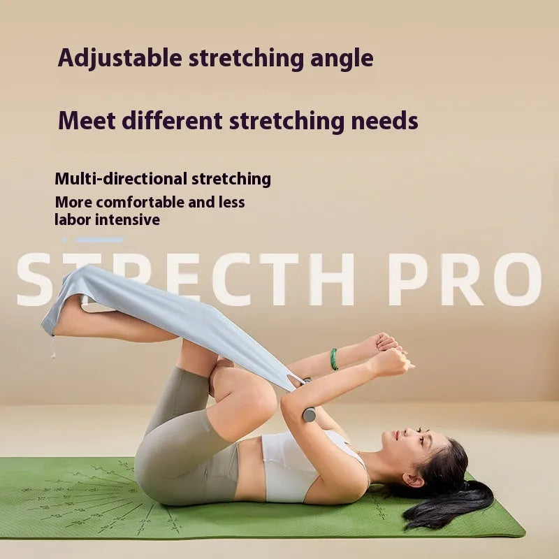 Grey and pink yoga stretching tool for open shoulder, back and hip flexibility.