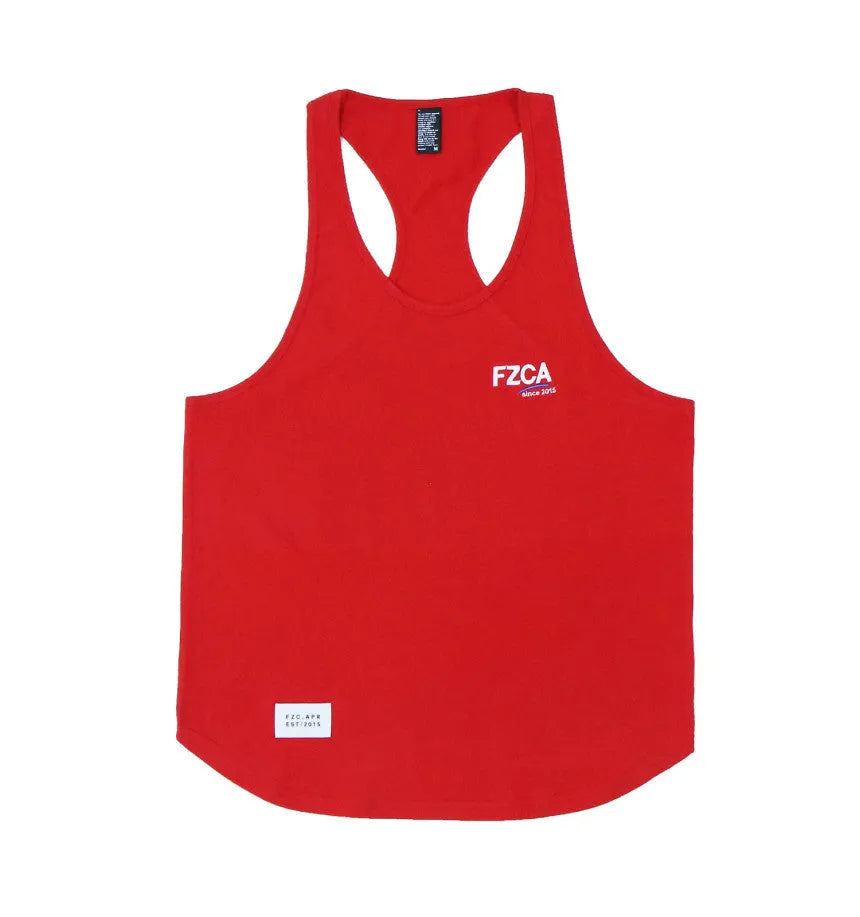 Men's white cotton fitness vest for summer running and gym training on a plain background