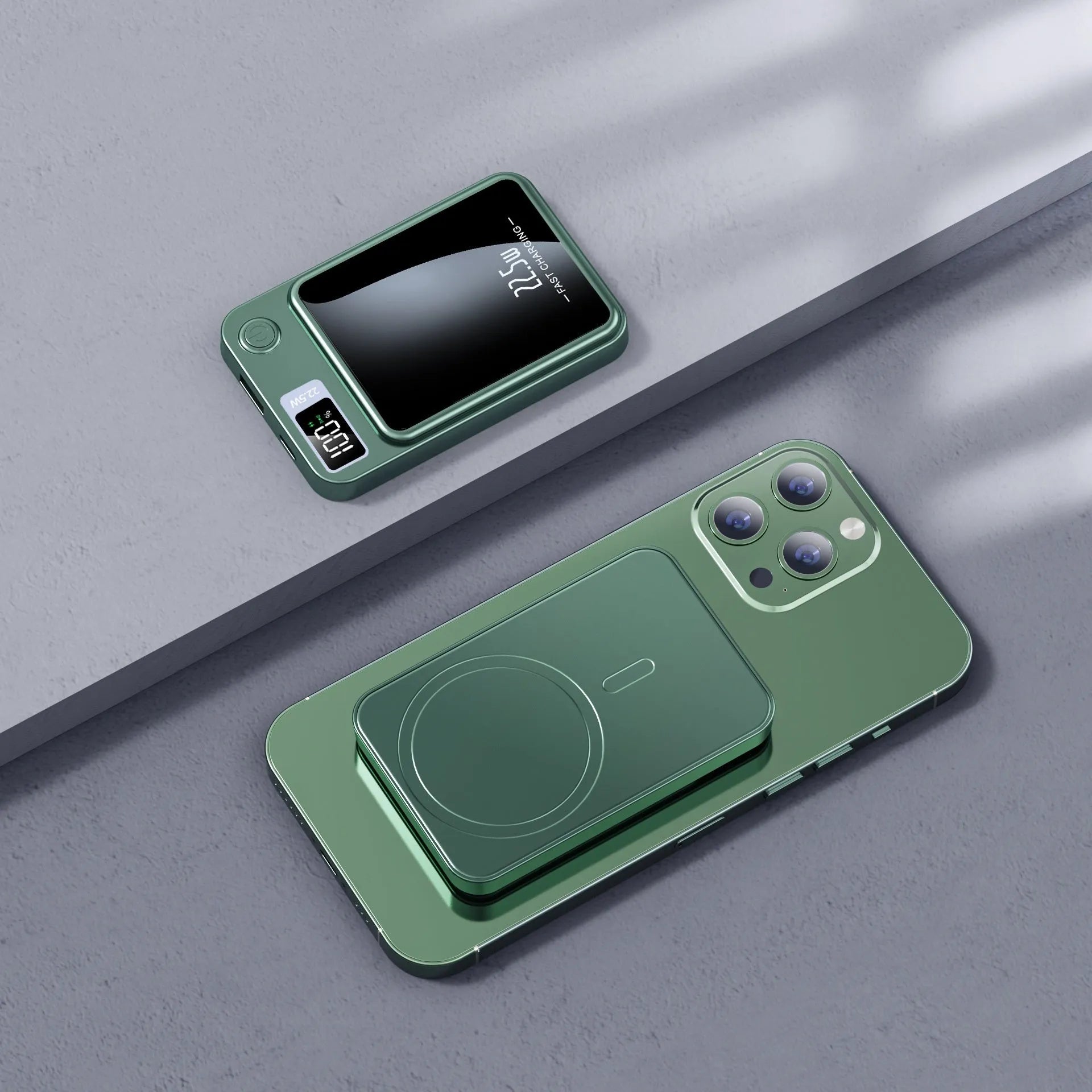 Wireless power bank in black, white, purple, or green with Magsafe charging surface.