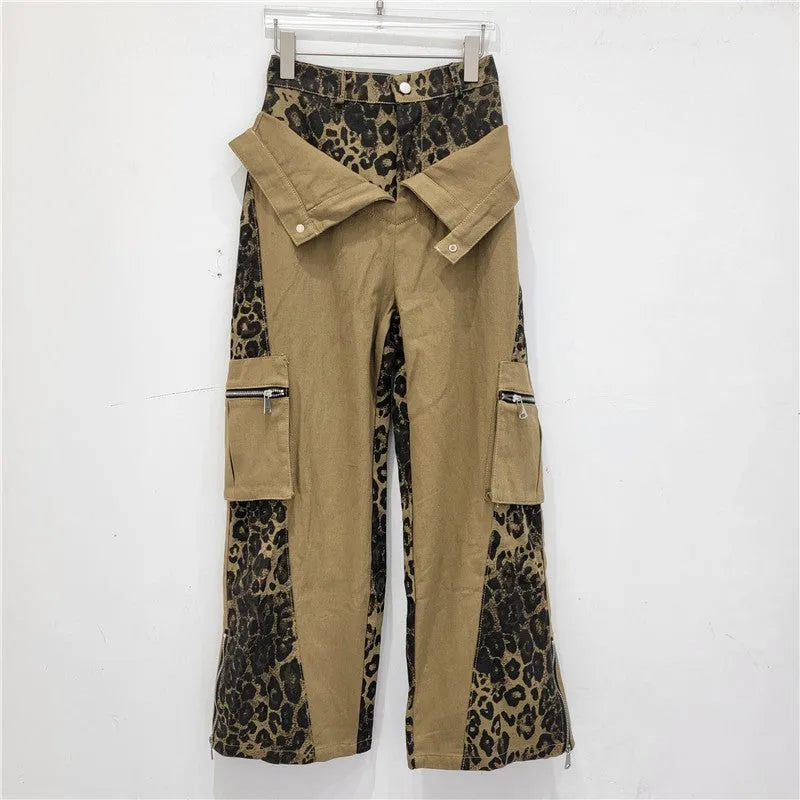 Women's dark khaki leopard print jeans with retro tooling style stitching and straight leg cut