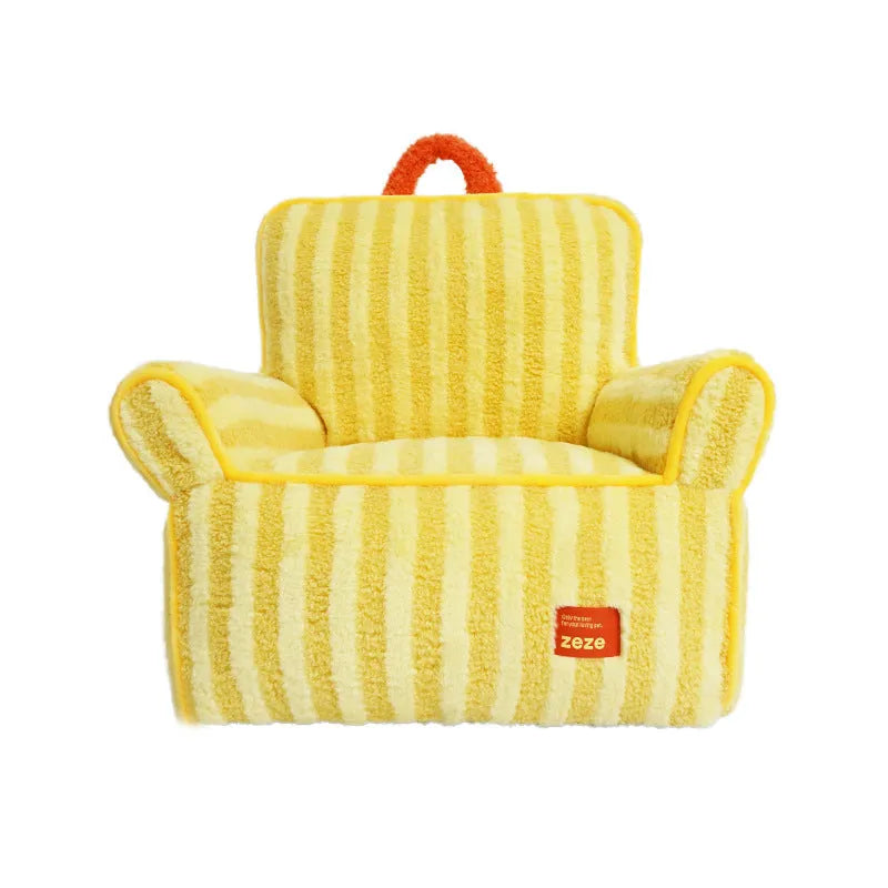 Striped plush fabric dog bed with removable cover in yellow, orange or purple colours