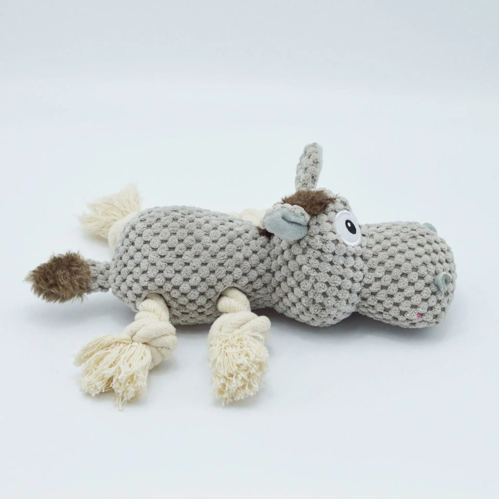 Grey donkey-shaped plush dog toy with cloth velvet material showing dimensions of approximately 27cm