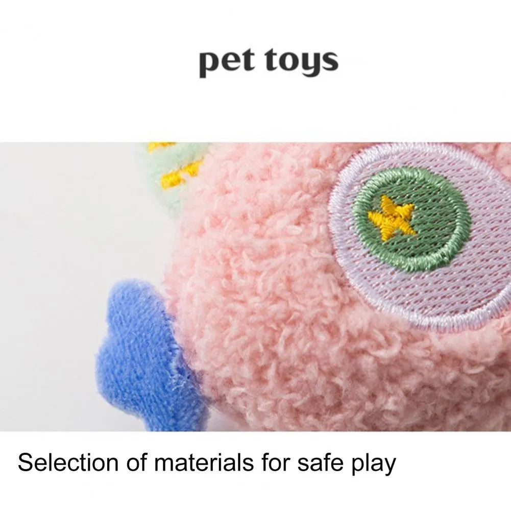 Cartoon-shaped plush dog chew toy with large eyes and squeaker in assorted colours